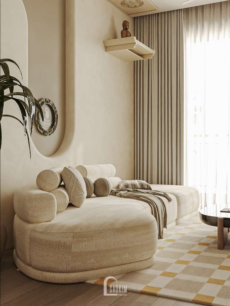 Không gian phòng khách trong thiết kế chung cư The Beverly mang tinh thần Modern Organic, tối giản nhưng vẫn đủ ấm cúng và gần gũi.
